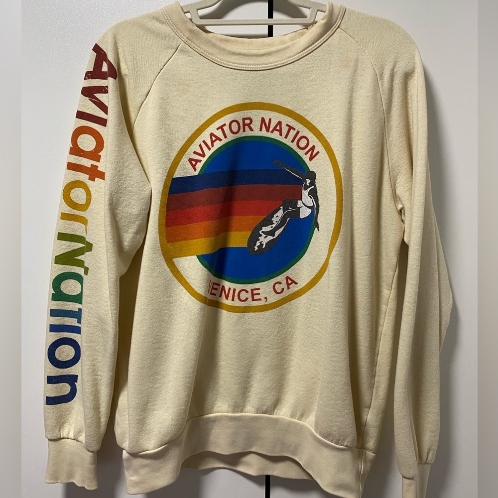 Aviator Nation Cream Sweater with Rainbow Logo